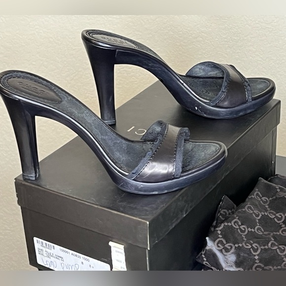 Gucci Logo high heel strapless sandals black leather size 8 - Picture 3 of 13